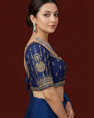 Navy blue embroidered traditional saree blouse 4