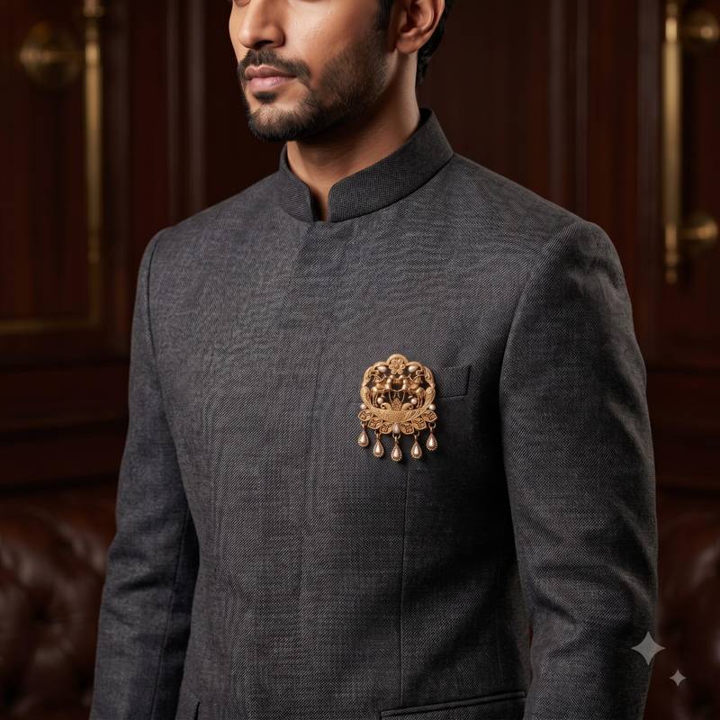 Gold-plated twin horse rider brooch for men