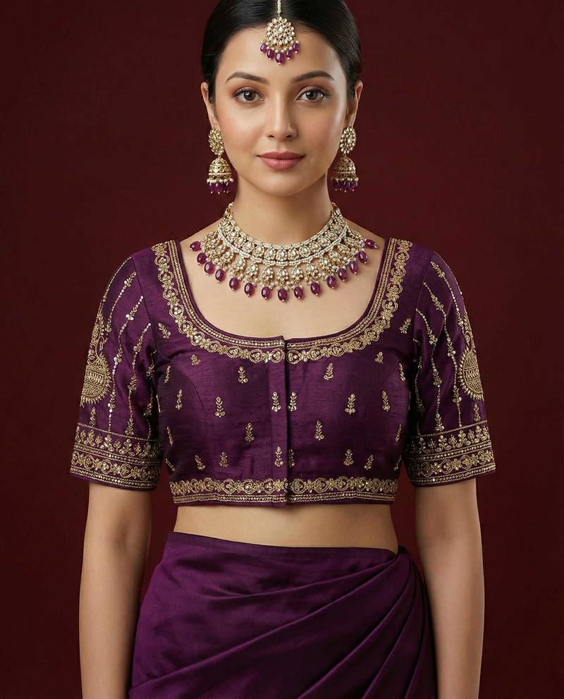 Purple embroidered traditional saree blouse