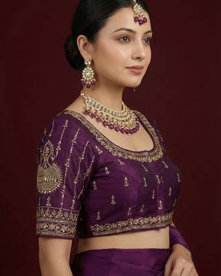 Purple embroidered traditional saree blouse 2