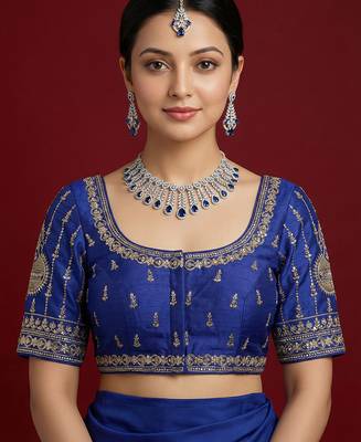 Royal blue embroidered traditional saree blouse 1