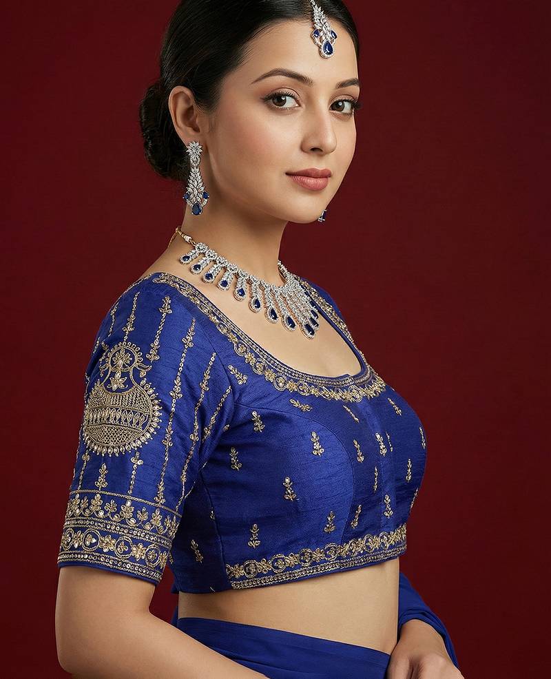 Royal blue embroidered traditional saree blouse
