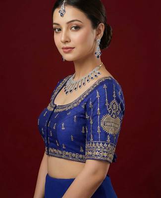 Royal blue embroidered traditional saree blouse 3