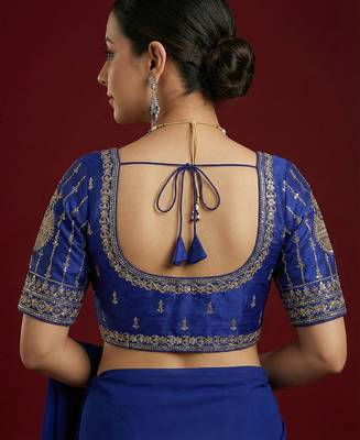 Royal blue embroidered traditional saree blouse 4