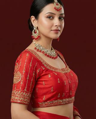 Red embroidered traditional saree blouse 3