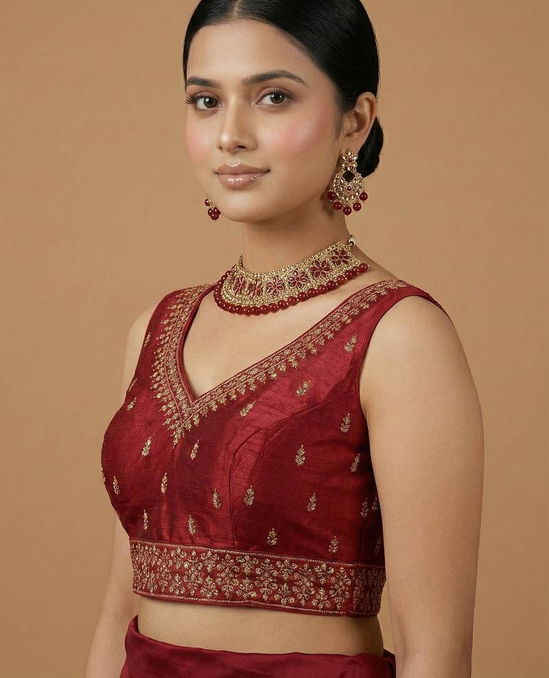 Maroon embroidered traditional saree blouse