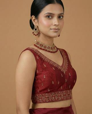 Maroon embroidered traditional saree blouse 2