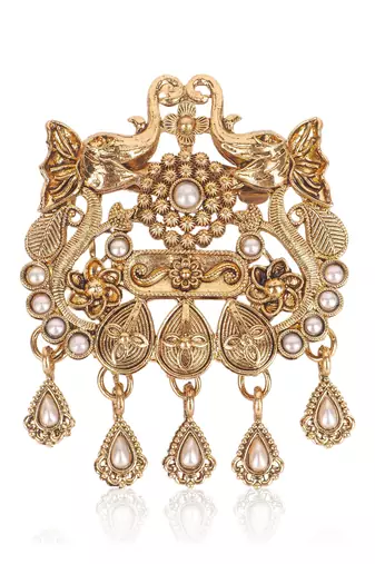 Antique gold twin peacock feather ethnic brooch for men