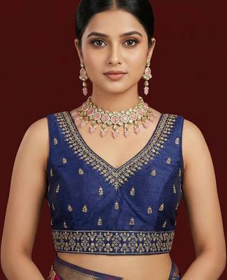 Navy blue embroidered traditional saree blouse 1