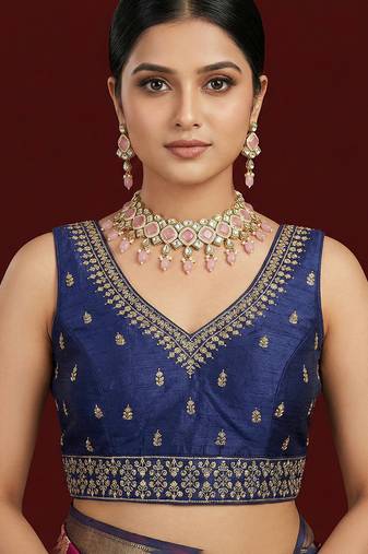 Navy blue embroidered traditional saree blouse