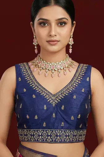 Navy blue embroidered traditional saree blouse