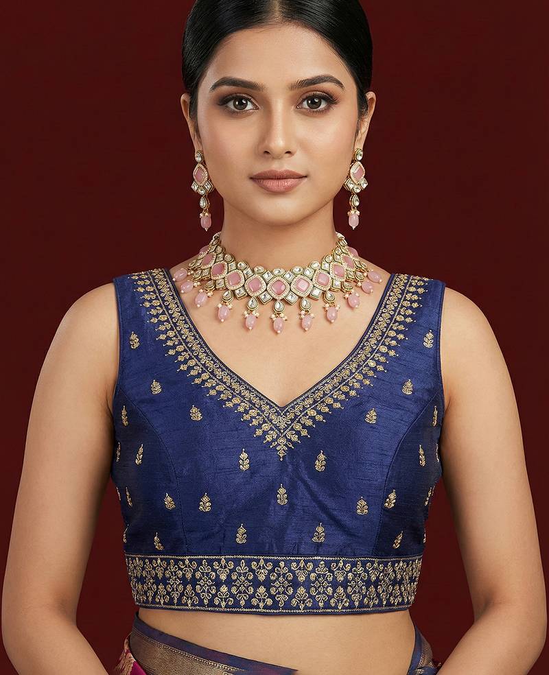 Navy blue embroidered traditional saree blouse