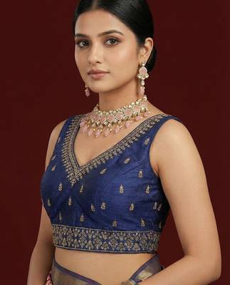 Navy blue embroidered traditional saree blouse 3