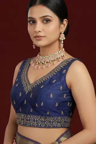 Navy blue embroidered traditional saree blouse