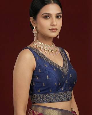 Navy blue embroidered traditional saree blouse 4