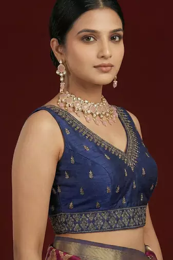 Navy blue embroidered traditional saree blouse