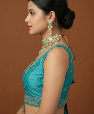 Blue embroidered traditional saree blouse 2