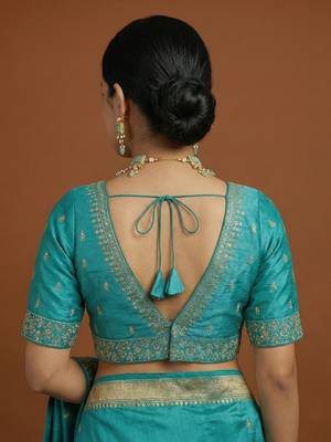 Blue embroidered traditional saree blouse 4