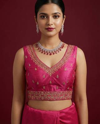 Dark pink embroidered traditional saree blouse 1