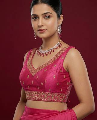 Dark pink embroidered traditional saree blouse 2
