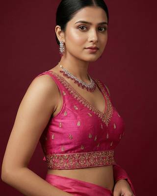 Dark pink embroidered traditional saree blouse 3
