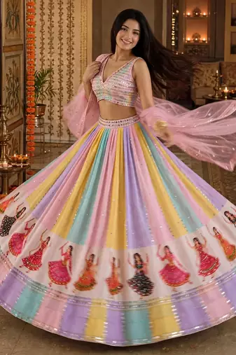 Baby Pink Multicolour Navratri Lehenga Choli With Dupatta