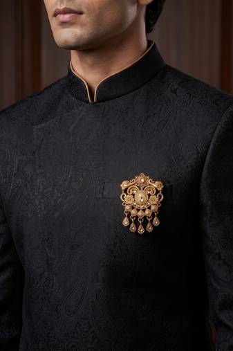 Men's gold finish white stone detailing traditional brooch