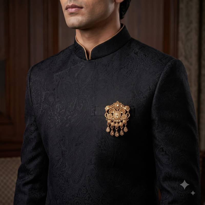 Men's gold finish white stone detailing traditional brooch