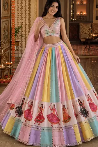Baby Pink Multicolour Navratri Lehenga Choli With Dupatta