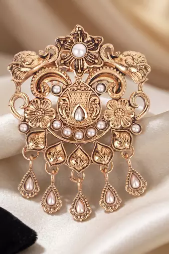 Men's gold finish white stone detailing traditional brooch