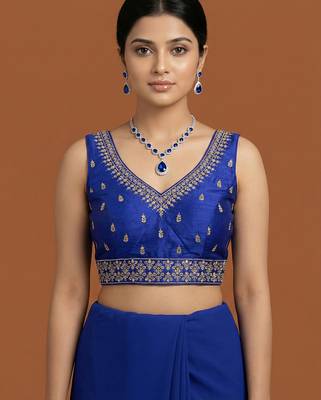 Royal blue embroidered traditional saree blouse 1