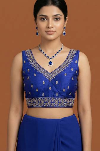 Royal blue embroidered traditional saree blouse