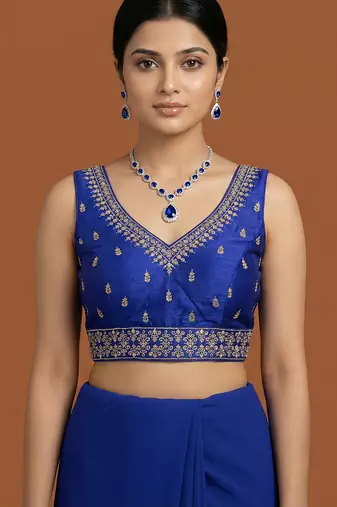 Royal blue embroidered traditional saree blouse