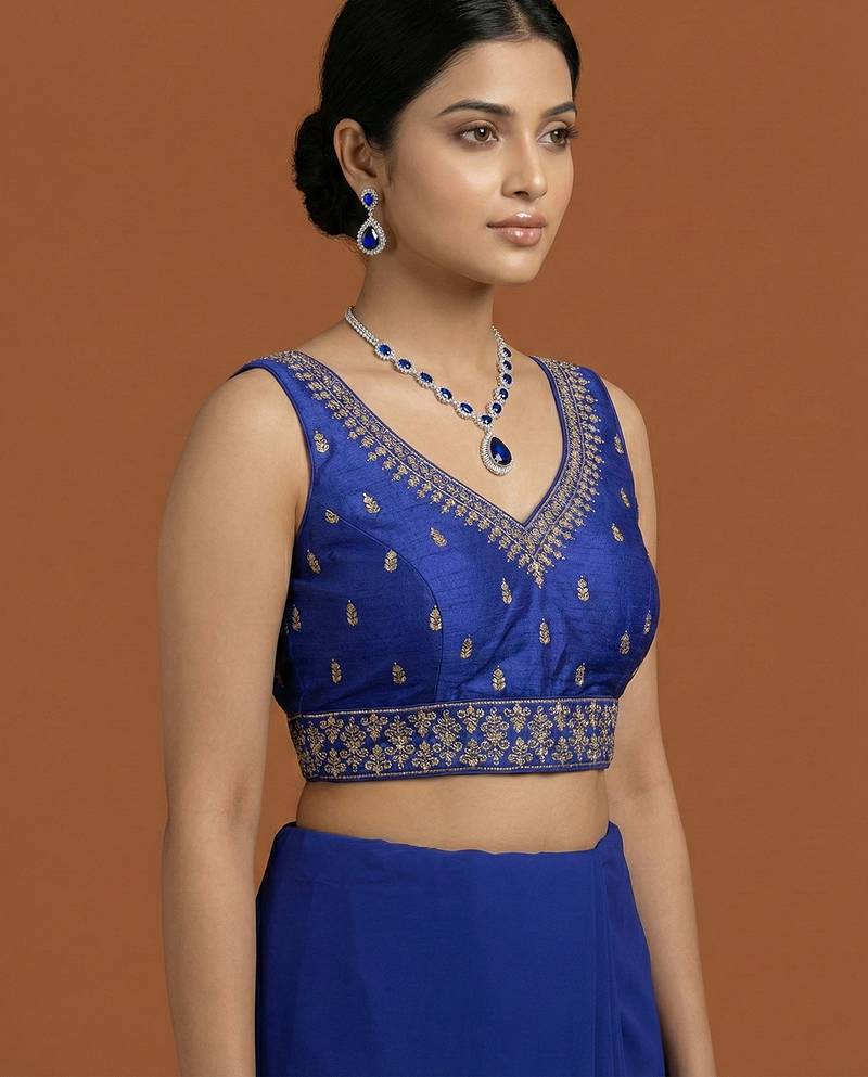 Royal blue embroidered traditional saree blouse
