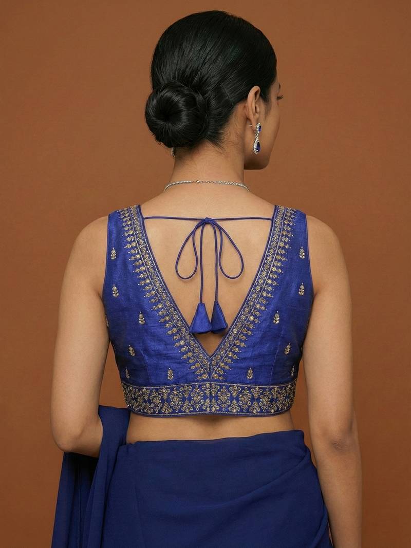 Royal blue embroidered traditional saree blouse