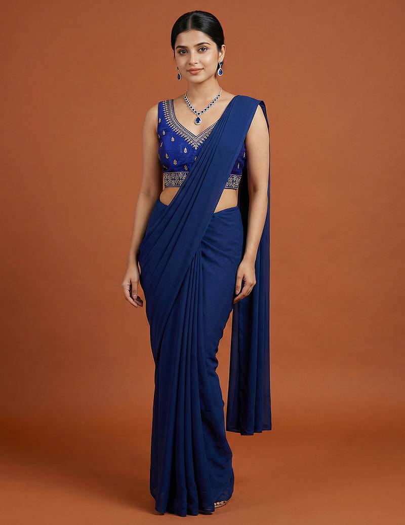 Royal blue embroidered traditional saree blouse