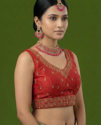 Red embroidered traditional saree blouse 3