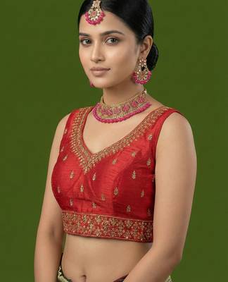 Red embroidered traditional saree blouse 4