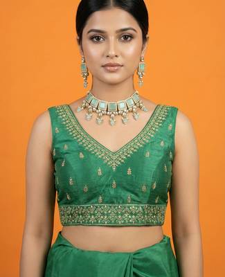Bottle green embroidered traditional saree blouse 1