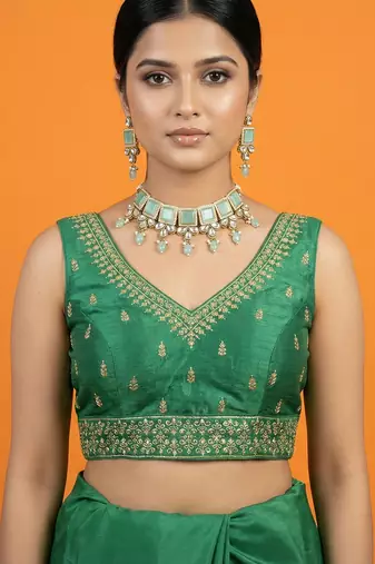 Bottle green embroidered traditional saree blouse