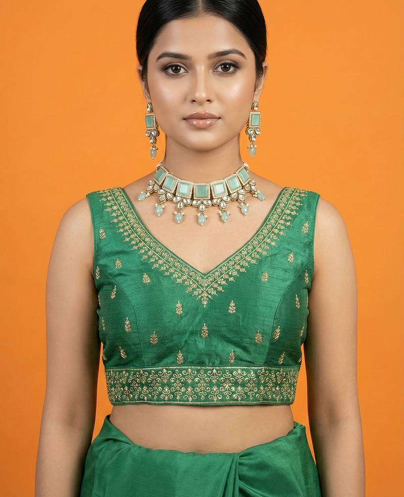 Bottle green embroidered traditional saree blouse