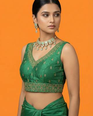 Bottle green embroidered traditional saree blouse 2