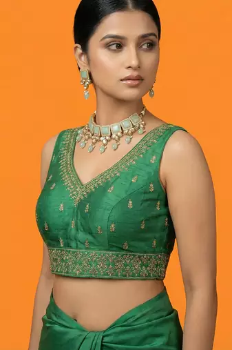 Bottle green embroidered traditional saree blouse