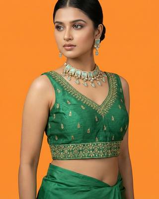 Bottle green embroidered traditional saree blouse 3