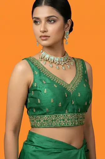 Bottle green embroidered traditional saree blouse