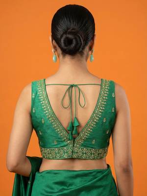 Bottle green embroidered traditional saree blouse 4