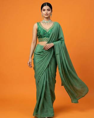 Bottle green embroidered traditional saree blouse 5