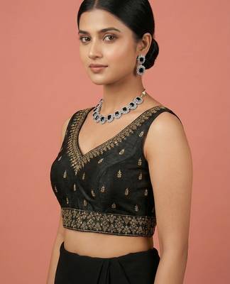 Black embroidered traditional saree blouse 4