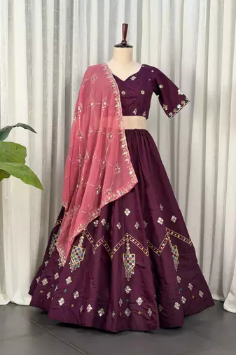 Wine Silk Blend Readymade Navratri Lehenga Choli with Thread & Sequence Work