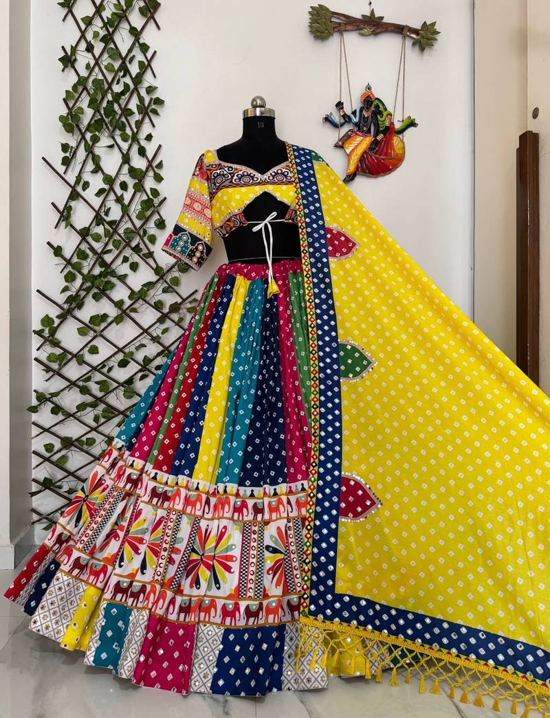 Yellow Mirror Navratri Lehenga Choli With Dupatta